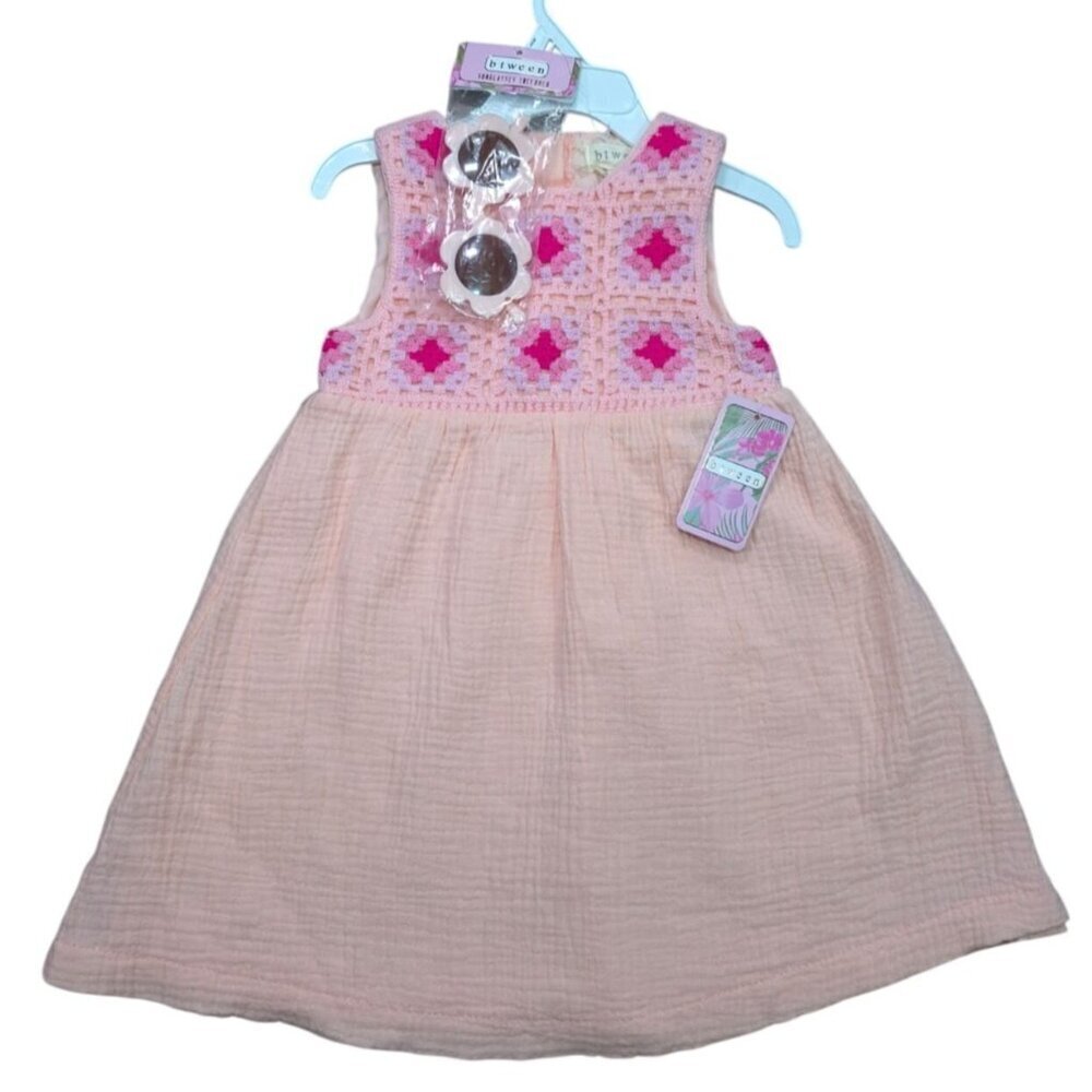 Btween Girls Sleeveless Dress 3T Peach Cotton Crochet Top Pink Back Buttons NWT